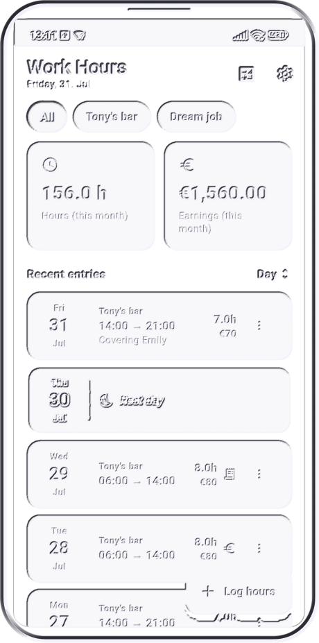 The Work Hours app's main screen, carved in stone: monthly hours and earnings, and the recent entries.