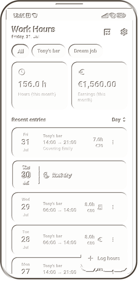 The Work Hours app's main screen, carved in stone: monthly hours and earnings, and the recent entries.